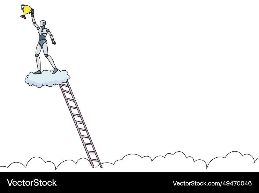 Continuous one line drawing robot climb ladder vector image