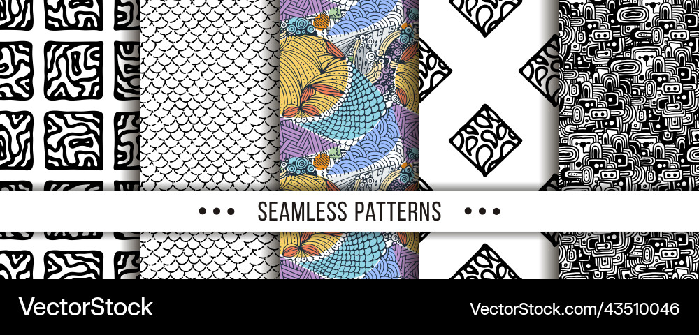 Set of seamless patterns with hand-drawn elements Set of seamless patterns with hand-drawn elements vector image