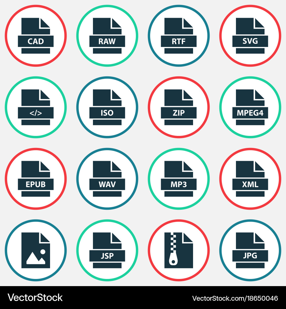 Types icons set with svg xml mp4 and other vector image