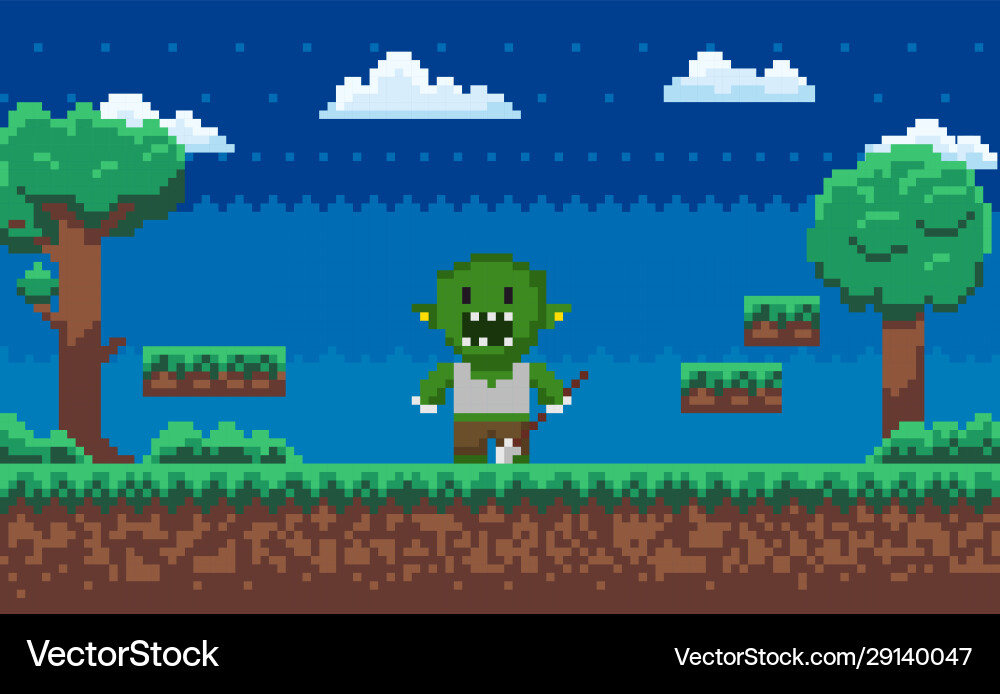 Pixel game geek monster adventure map Pixel game geek monster adventure map vector image