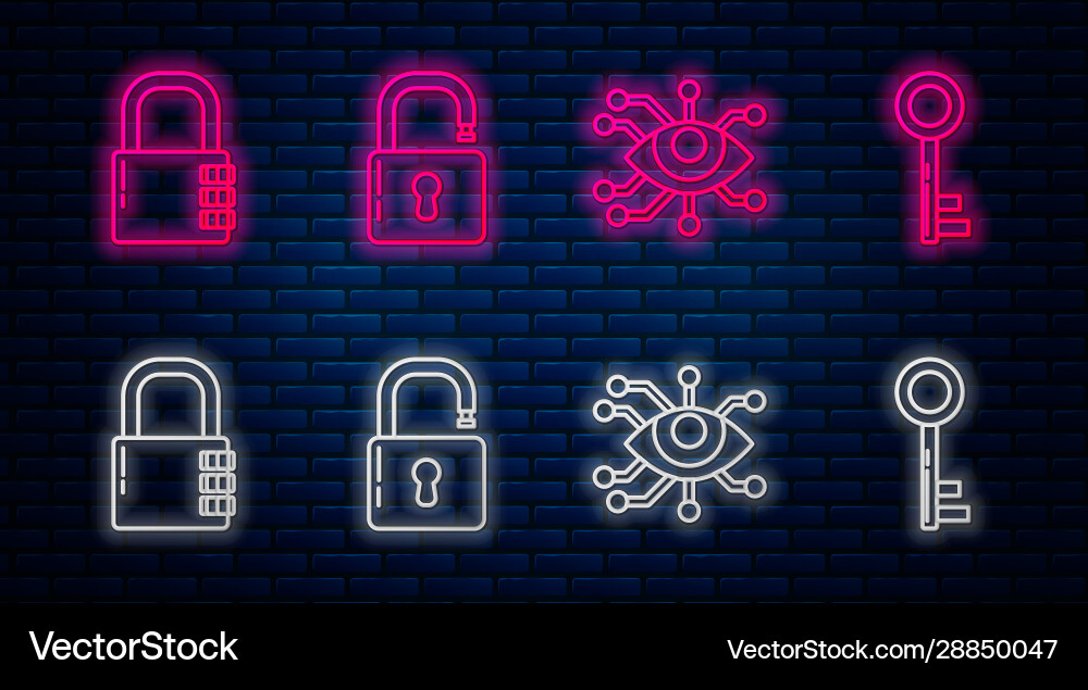 Set line open padlock eye scan safe Set line open padlock eye scan safe vector image