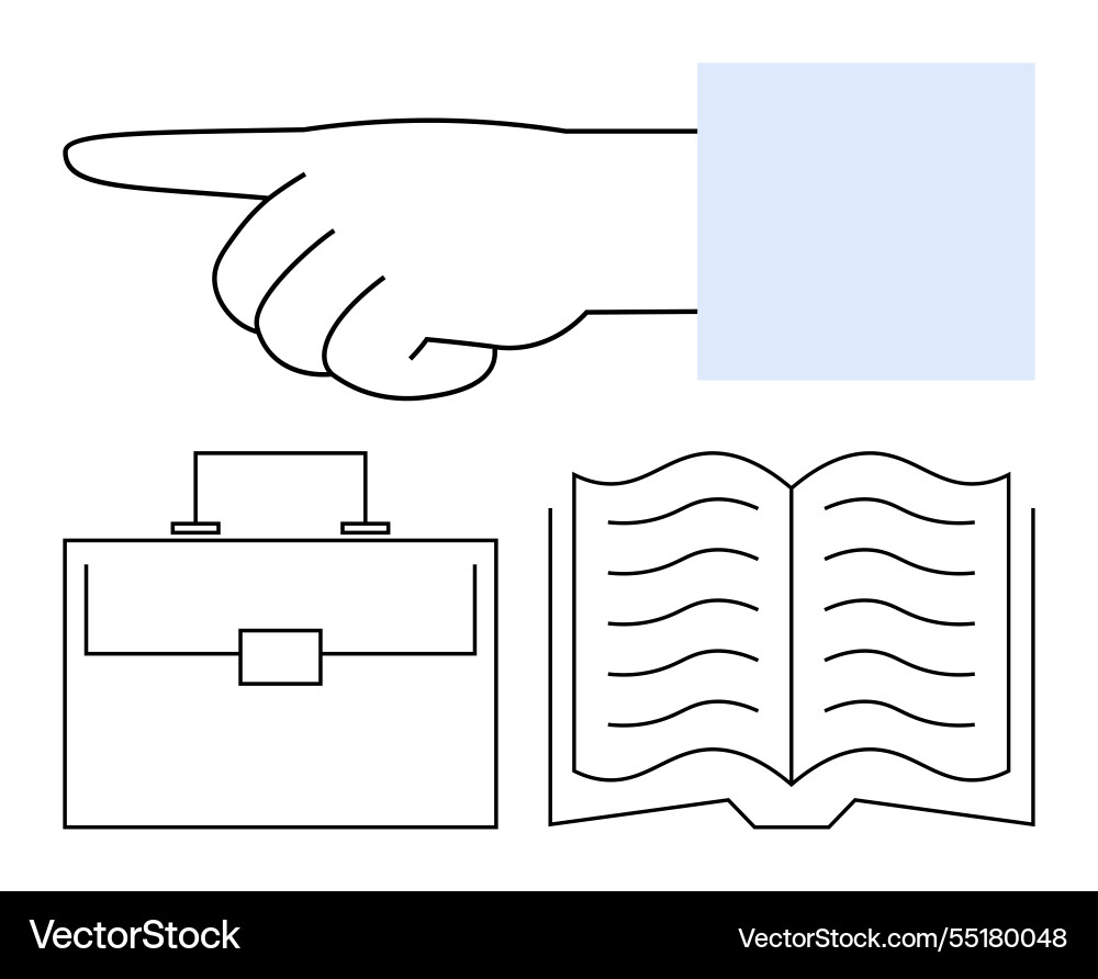 Hand pointing forward with briefcase and open book Hand pointing forward with briefcase and open book vector image