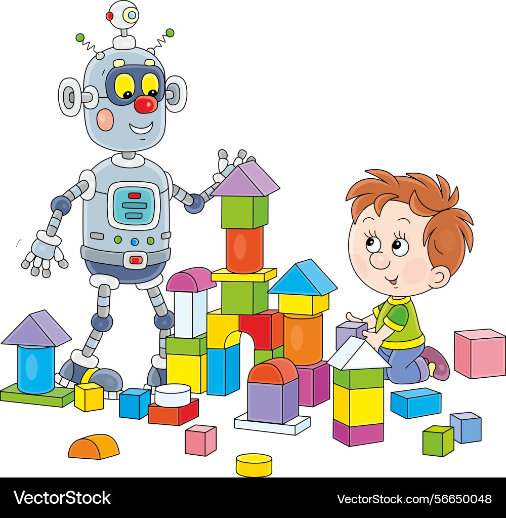 Little child and robot playing with bricks vector image