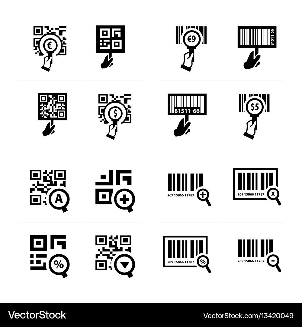 Hand and zoom qr code icon set vector image