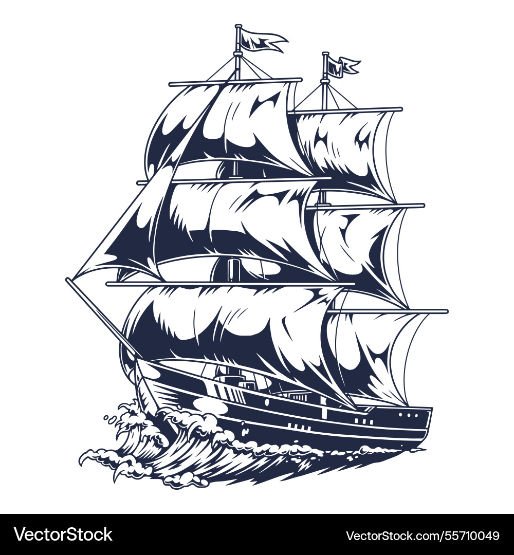 Sailing ship with billowing sails navigating waves Sailing ship with billowing sails navigating waves Vector Image