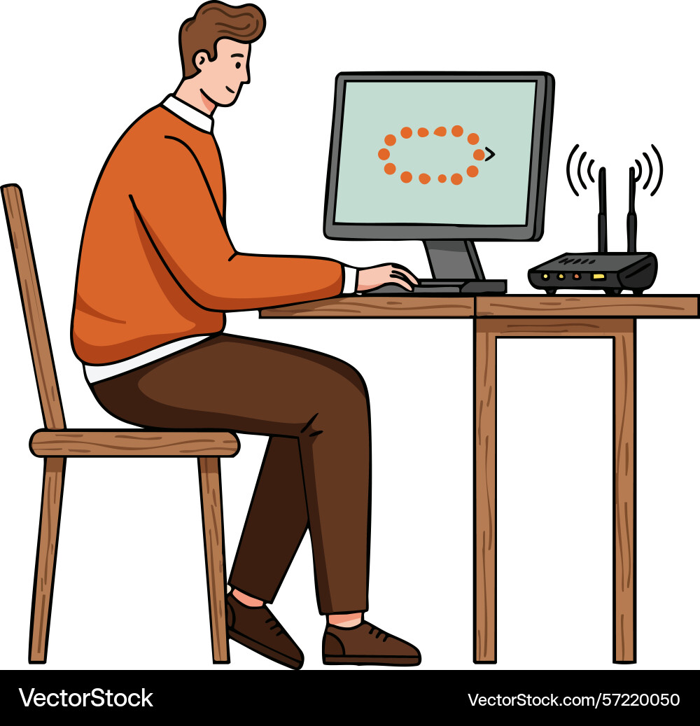 Mann arbeitet an Desktop-Computer mit Router Mann arbeitet an Desktop-Computer mit Router vektorbild