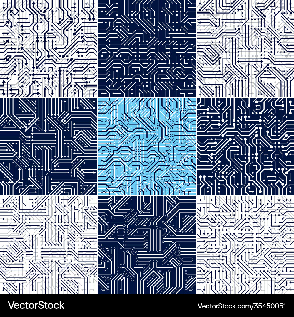 Circuit board seamless patterns set backgrounds vector image