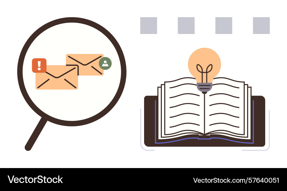 Magnifying emails for alerts and open book vector image