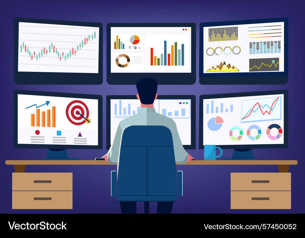 A man analyzing data on multiple screens Vector Image