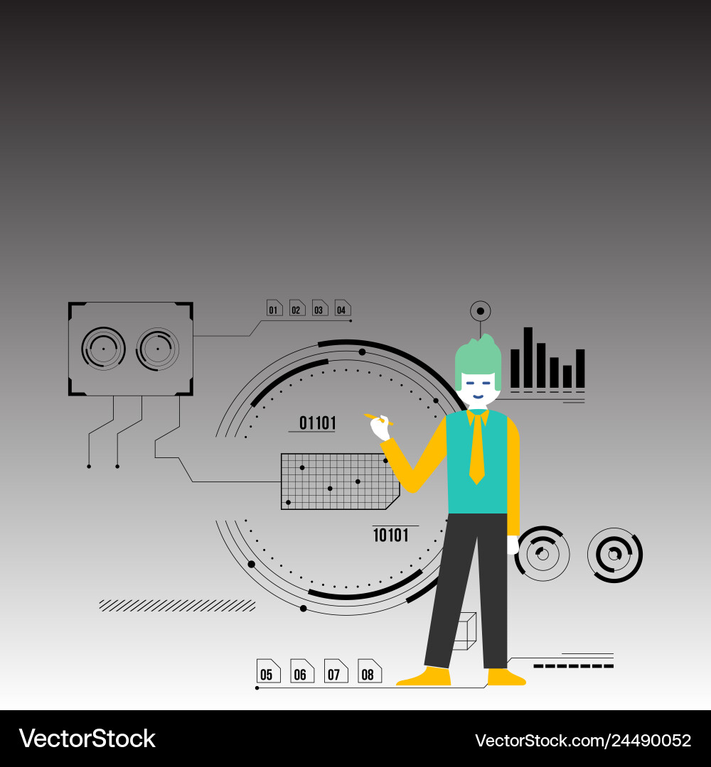 Man standing holding pen and pointing to chart Man standing holding pen and pointing to chart Vector Image