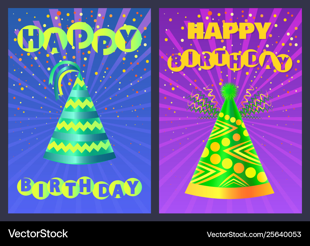 Festive cone cap happy birthday postcard Festive cone cap happy birthday postcard vector image