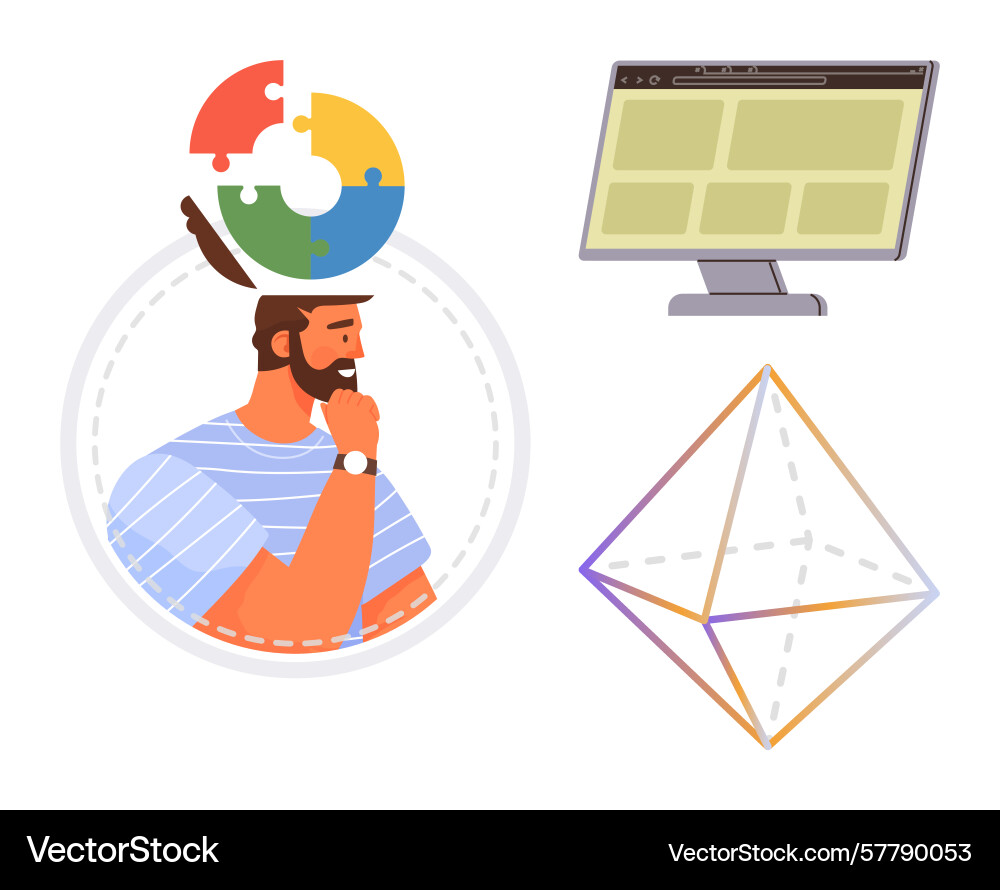 Man contemplating with puzzle head screen Vector Image