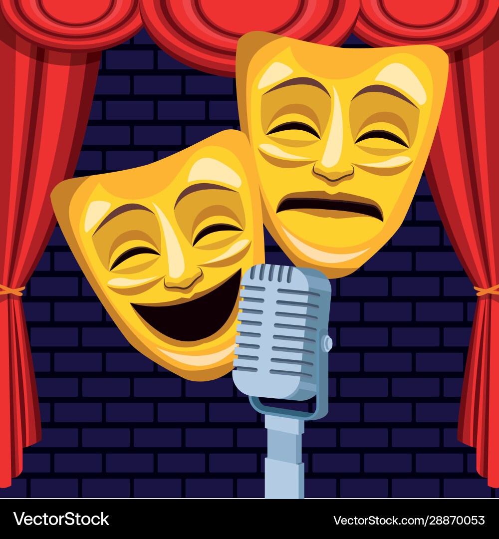 Theatrical masks microphone curtains stage stand Vector Image