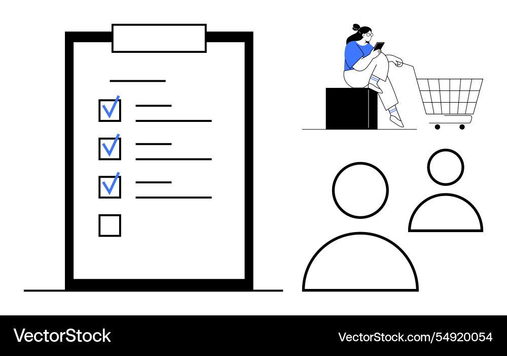 Checklist with tick marks person using phone near Checklist with tick marks person using phone near vector image