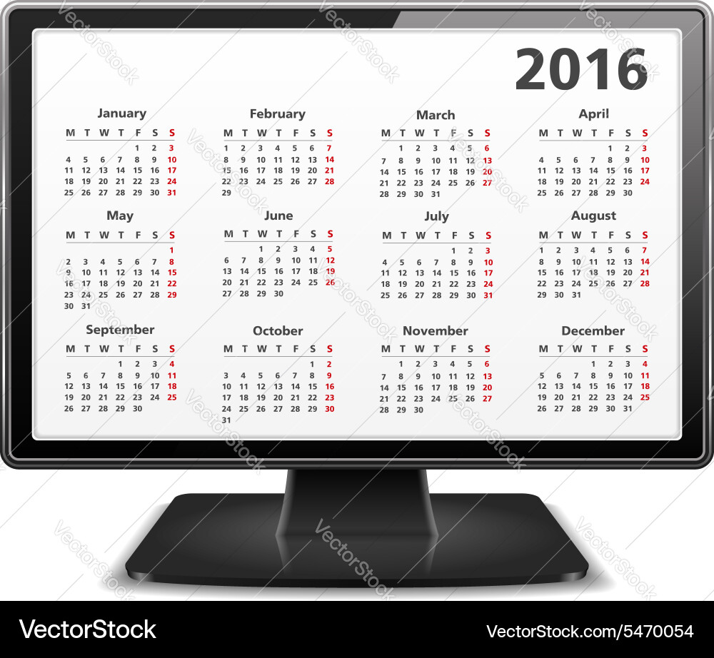 Computer with 2016 calendar Vector Image