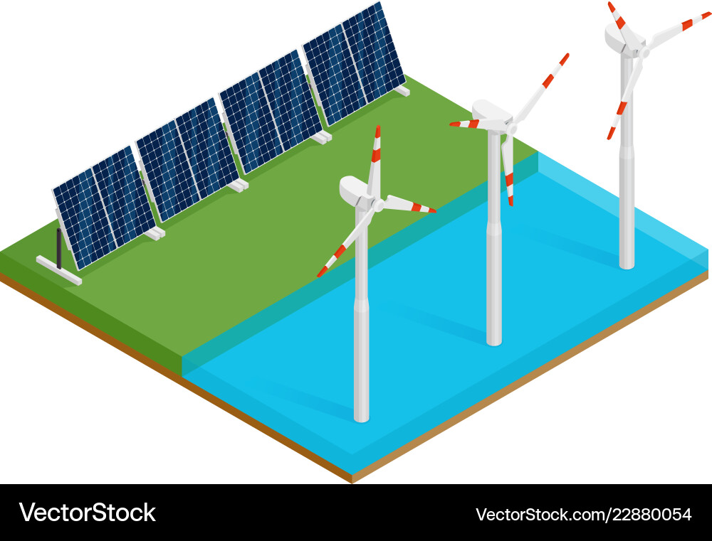 Isometric plant solar panels and offshore wind Vector Image