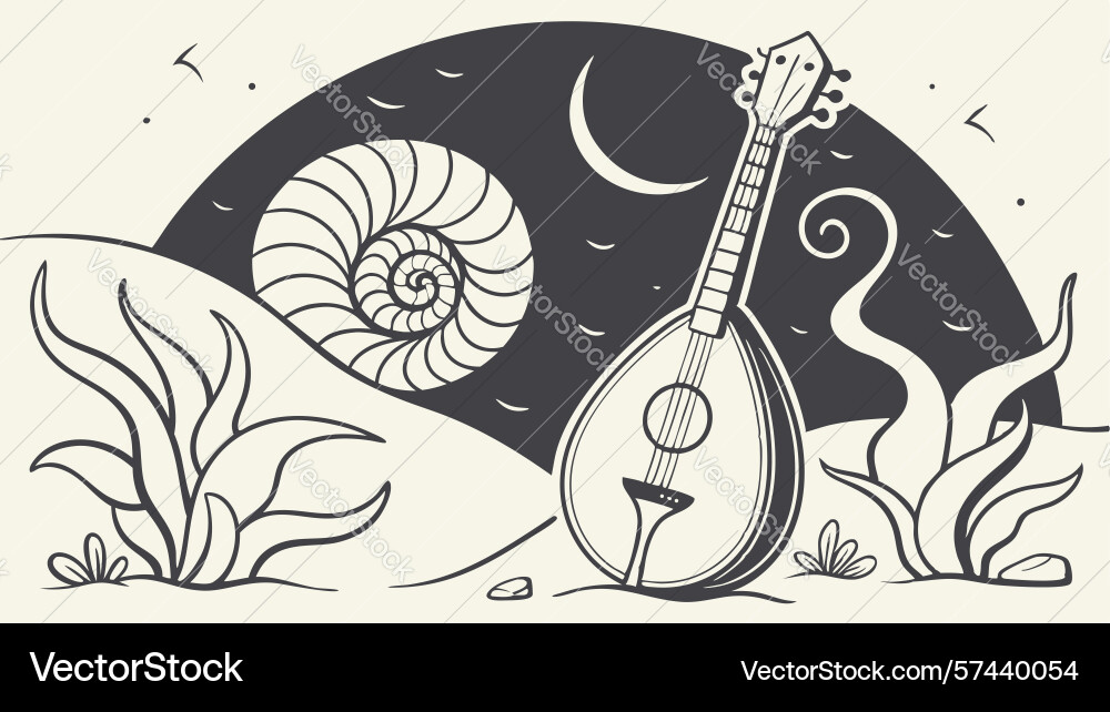 Mandolin with moon and swirling pattern design vector image