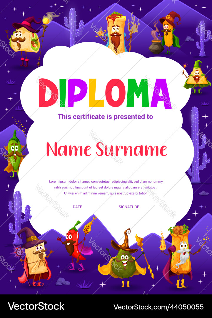 Kinder Diploma Cartoon tex mex mexikanische Lebensmittel-Assistenten Kinder Diploma Cartoon tex mex mexikanische Lebensmittel-Assistenten vektorbild