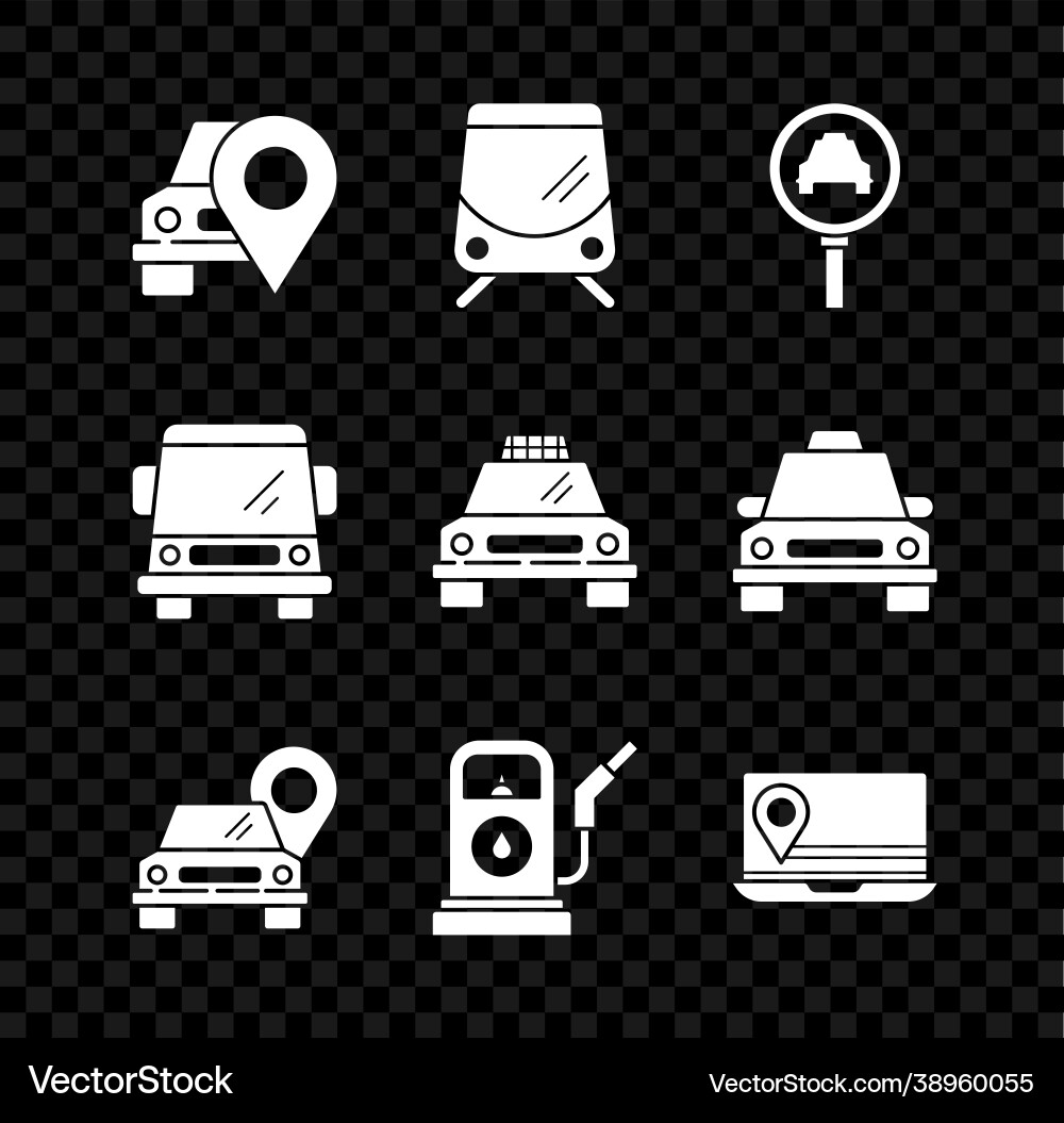Set map pointer with taxi tram and railway vector image