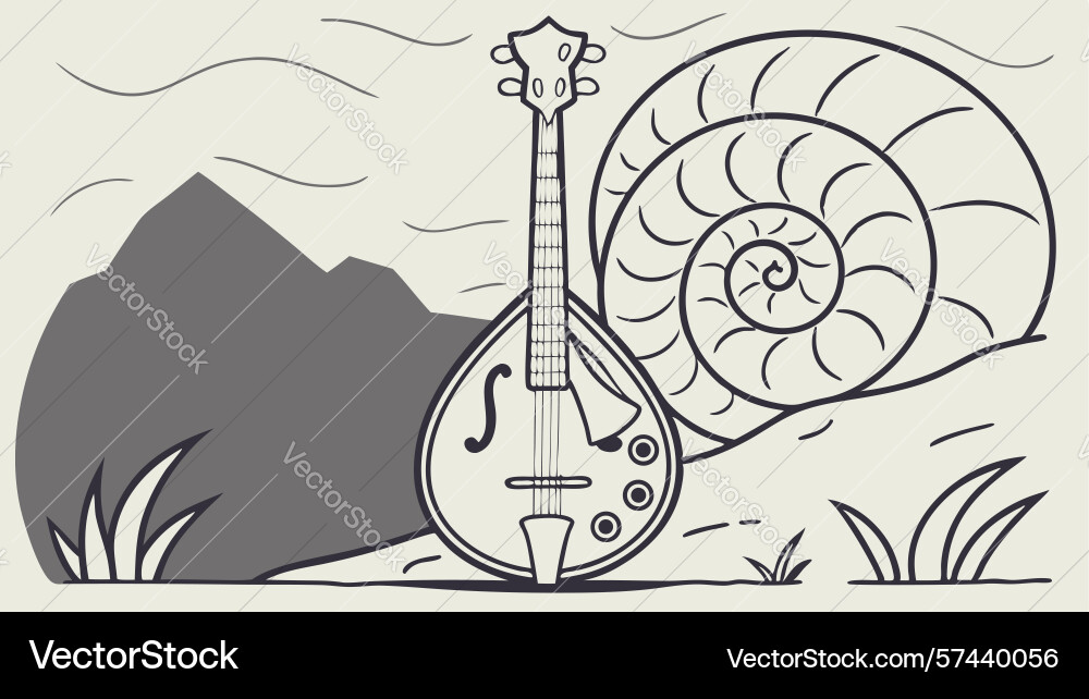 Mandolin with nautilus shell and abstract swirls vector image