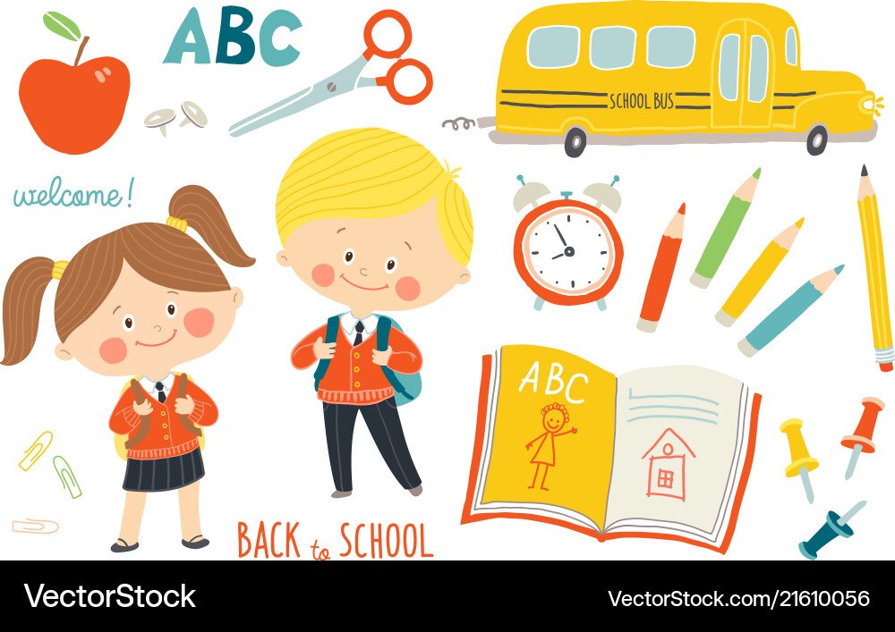 School set characters and objects children School set characters and objects children Vector Image