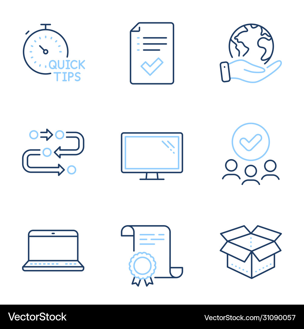 Approved checklist open box and monitor icons set Approved checklist open box and monitor icons set vector image