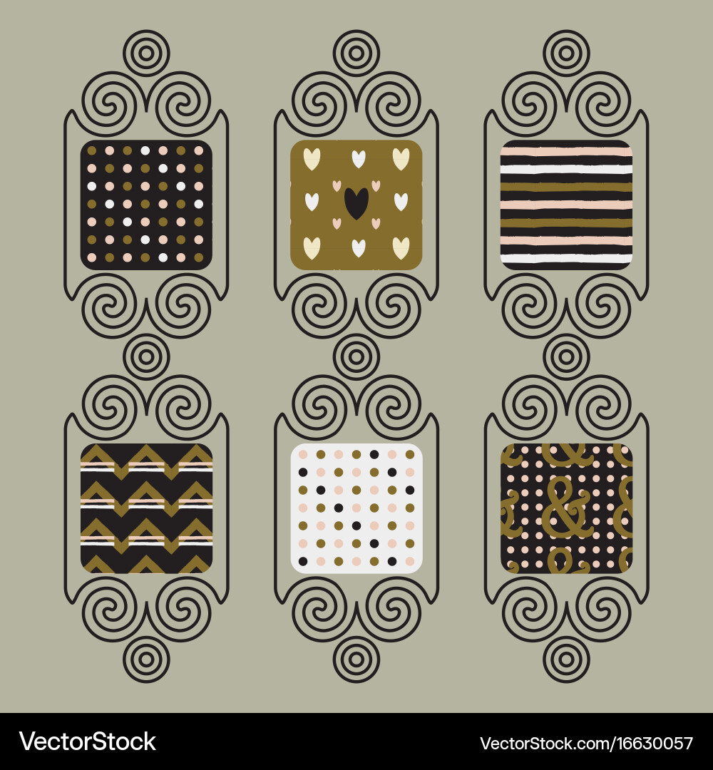 Cute patterns set in line spiral frames vector image