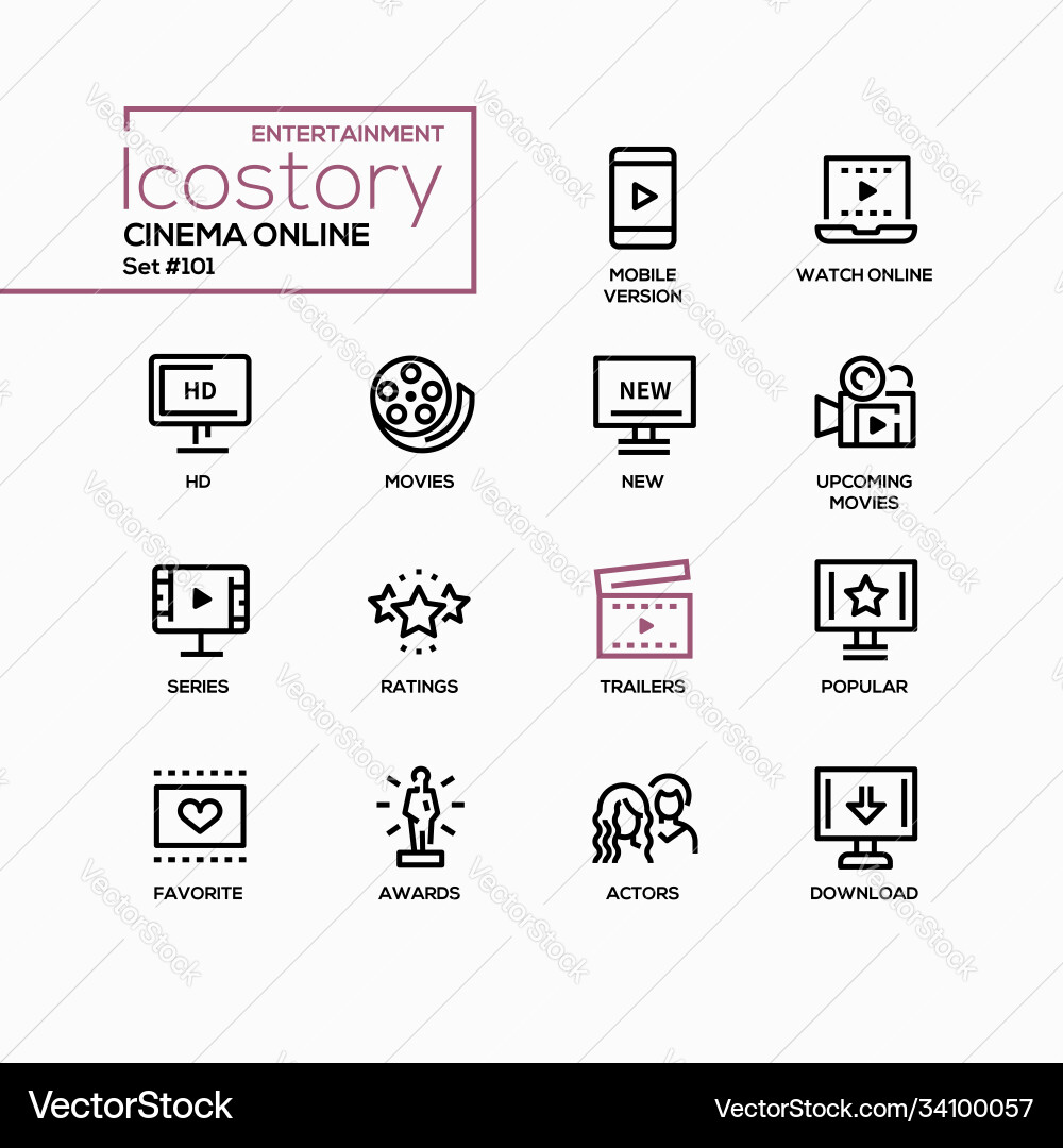 Kino online - Linie Design Stil Icons Set Kino online - Linie Design Stil Icons Set vektorbild