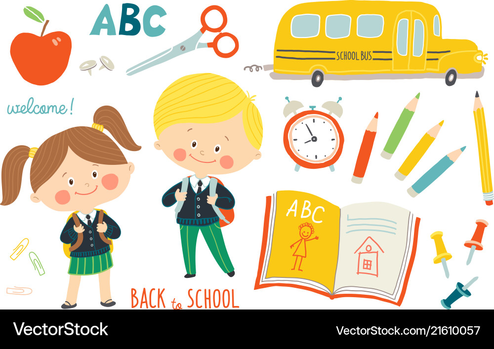 School set characters and objects children School set characters and objects children vector image