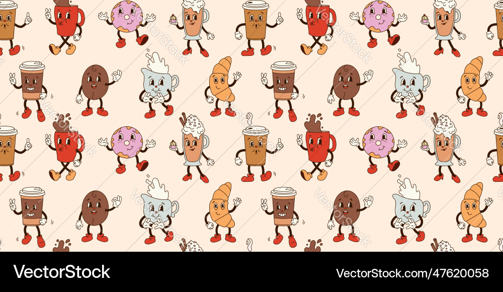 Retro Coffee Characters Pattern Vector Image