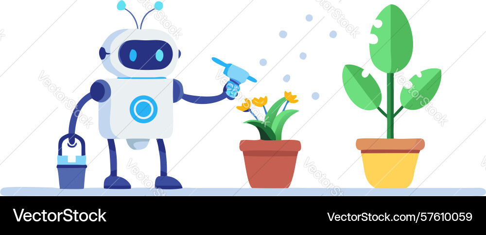 Friendly robot with watering can automation Vector Image