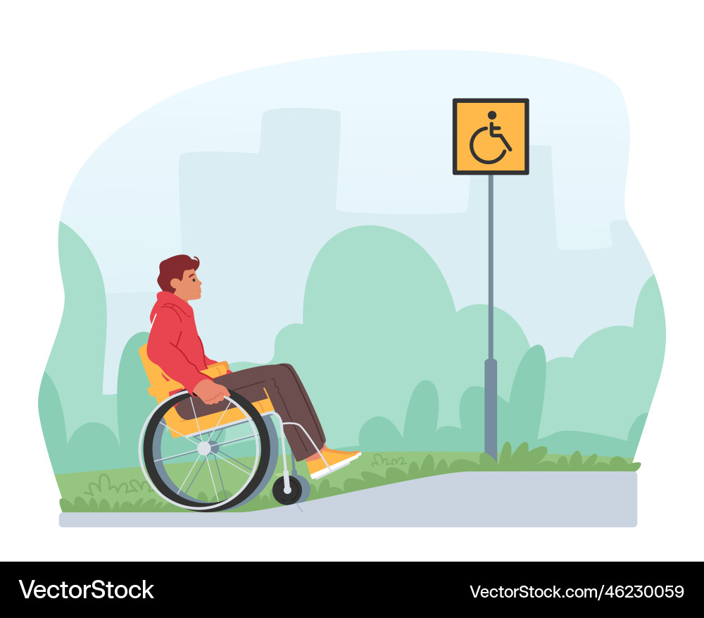 Male character in wheelchair ascending a ramp Male character in wheelchair ascending a ramp vector image