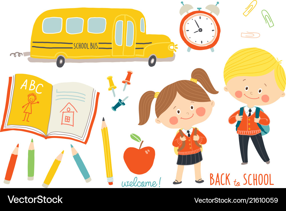 School set characters and objects children School set characters and objects children Vector Image