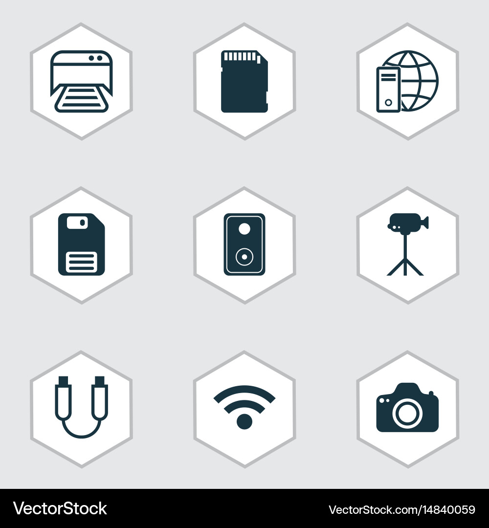 Set of 9 computer hardware icons includes audio Vector Image
