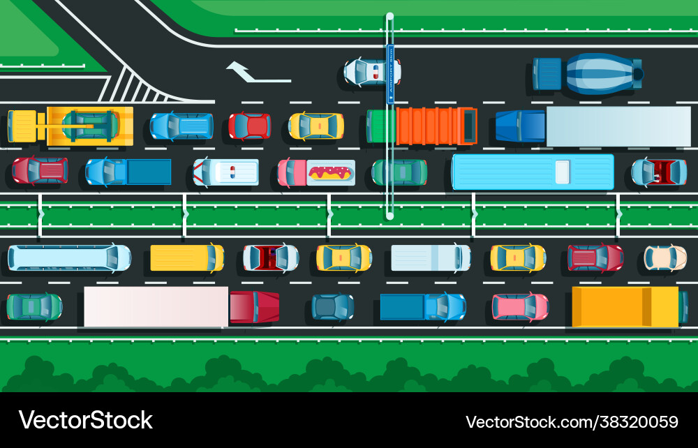 Top view highway with traffic jam many different Top view highway with traffic jam many different vector image