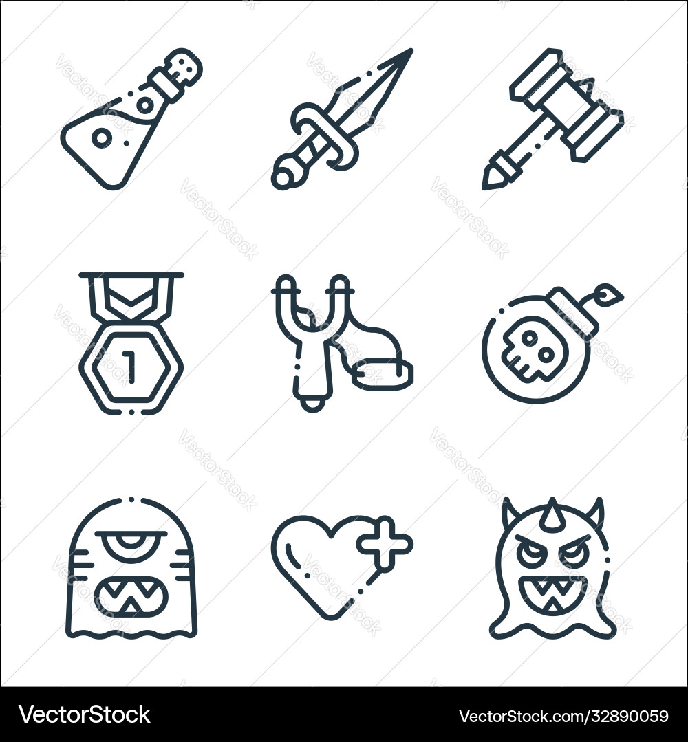 Videogame elements line icons linear set quality Vector Image