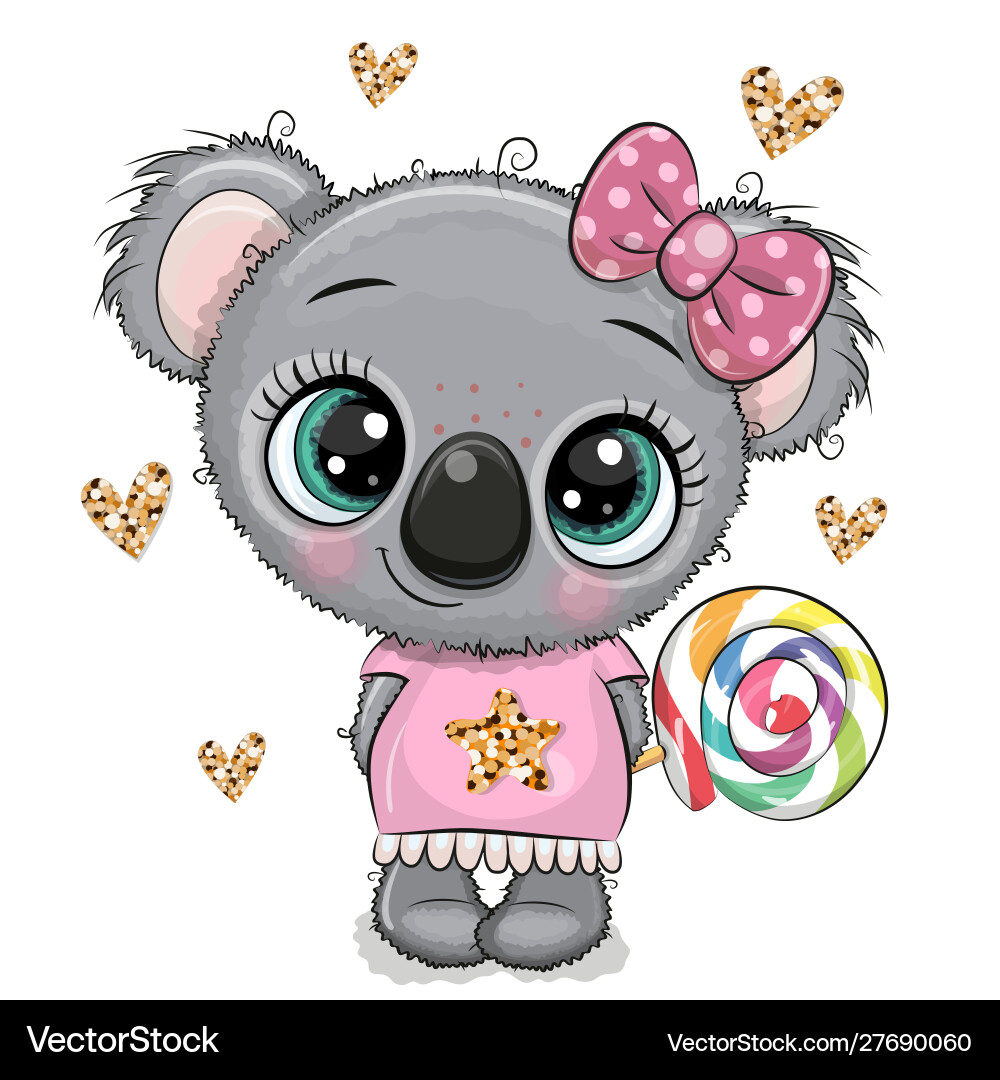 Cartoon baby koala in a dress with lollipop Vector Image