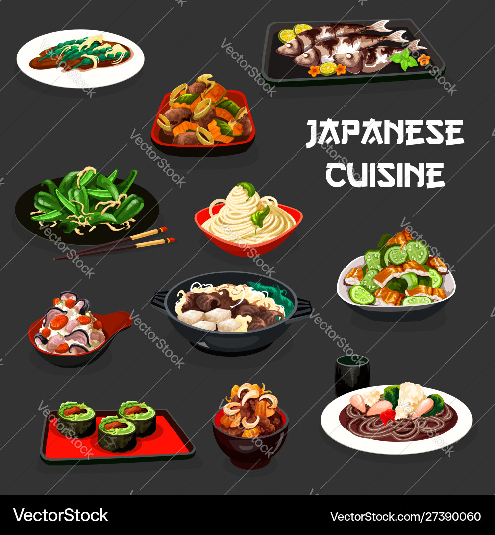 Japanische Sushi Gemüsesalate mit Fleischfisch Japanische Sushi Gemüsesalate mit Fleischfisch vektorbild