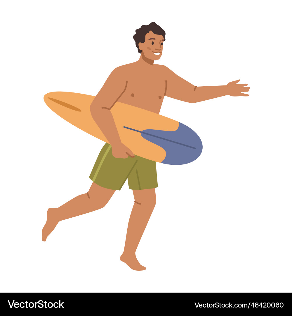 Man with surfboard running and smiling Man with surfboard running and smiling vector image