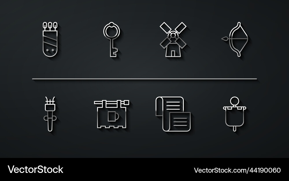 Set line quiver with arrows torch flame medieval Set line quiver with arrows torch flame medieval Vector Image