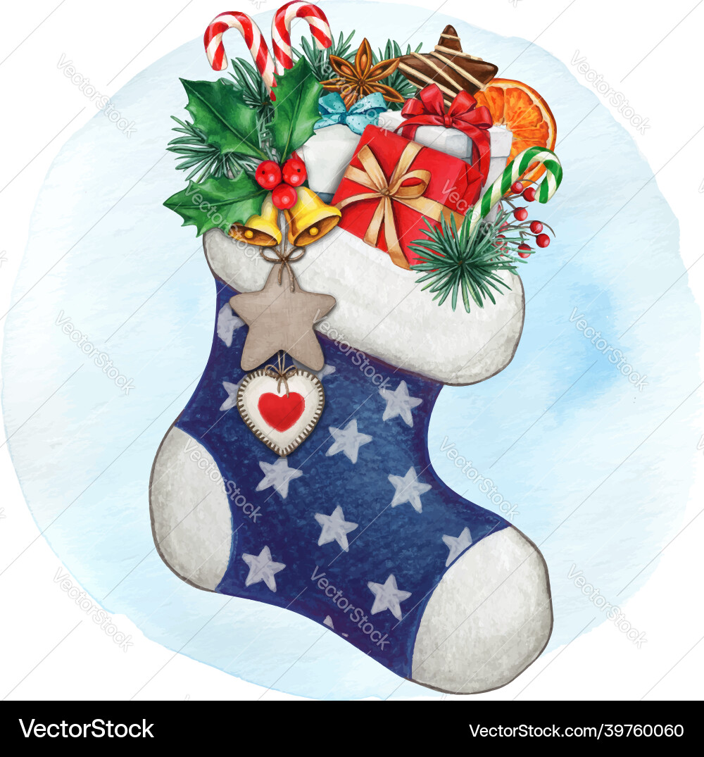 Watercolor hand drawn christmas stocking full vector image