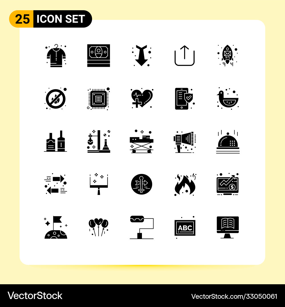 Pack 25 creative solid glyphs fire rocket Vector Image