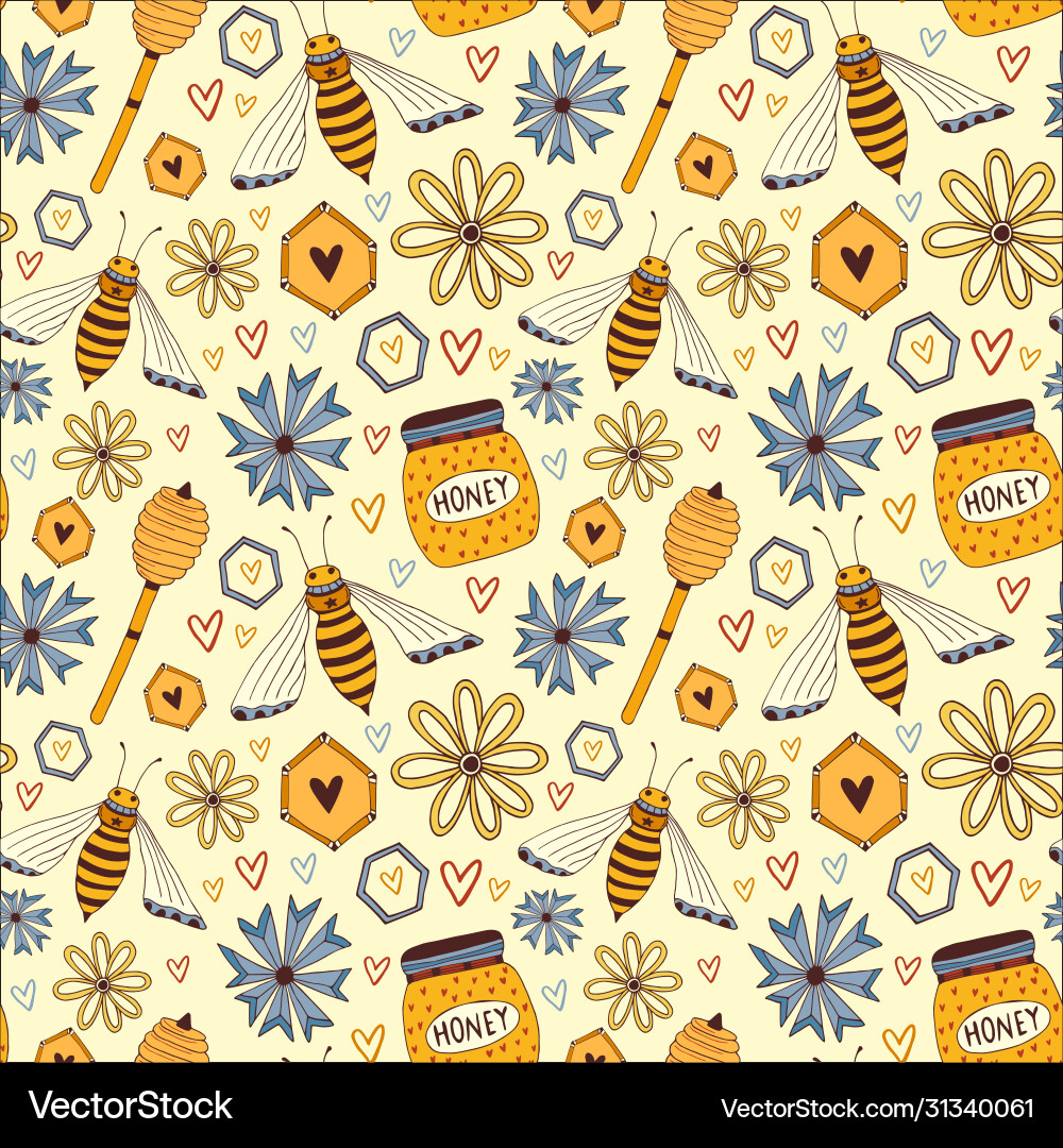 Pattern with honey and bees seamless background Pattern with honey and bees seamless background vector image