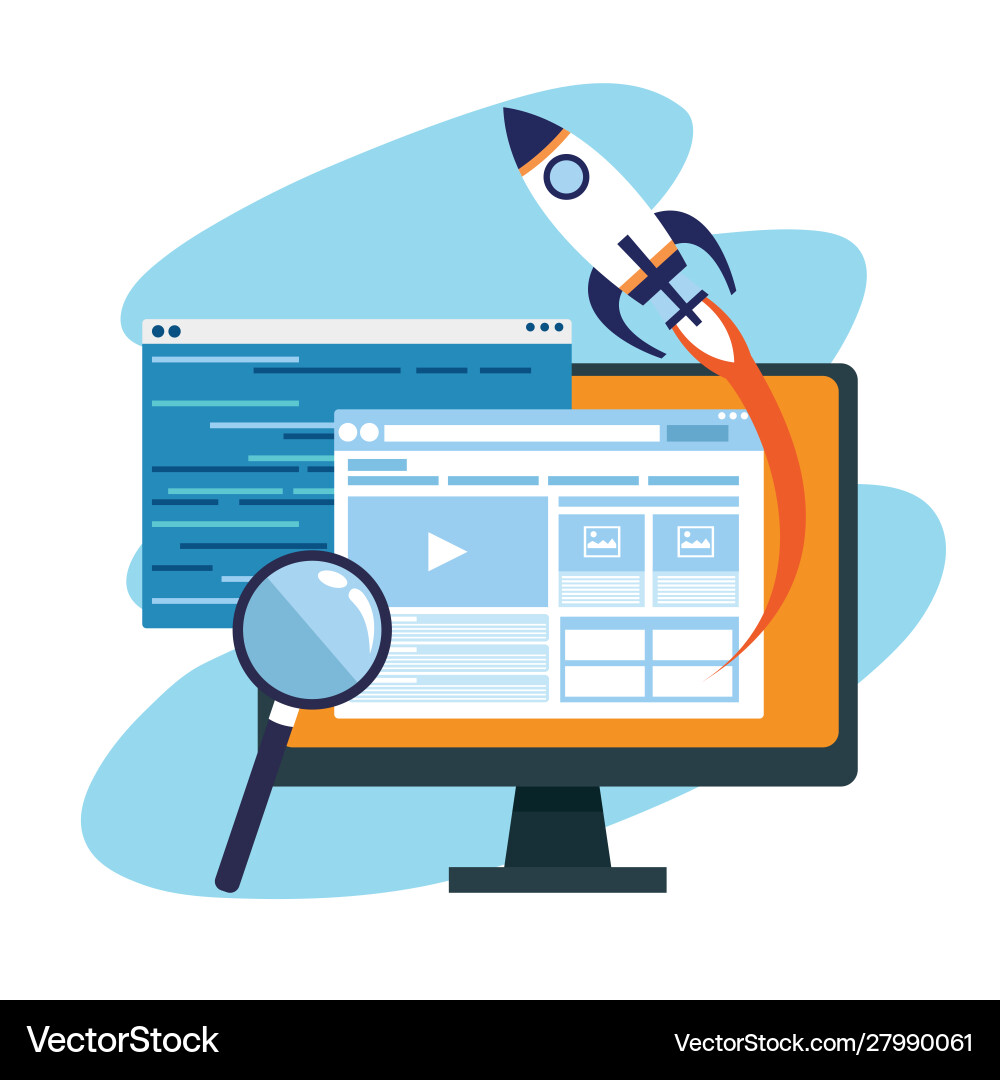 Rocket with computer and magnifying glass Rocket with computer and magnifying glass vector image