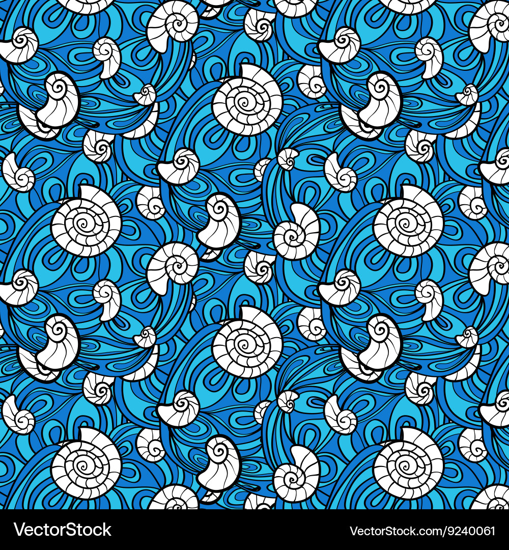Seashell pattern in abstract blue waves vector image