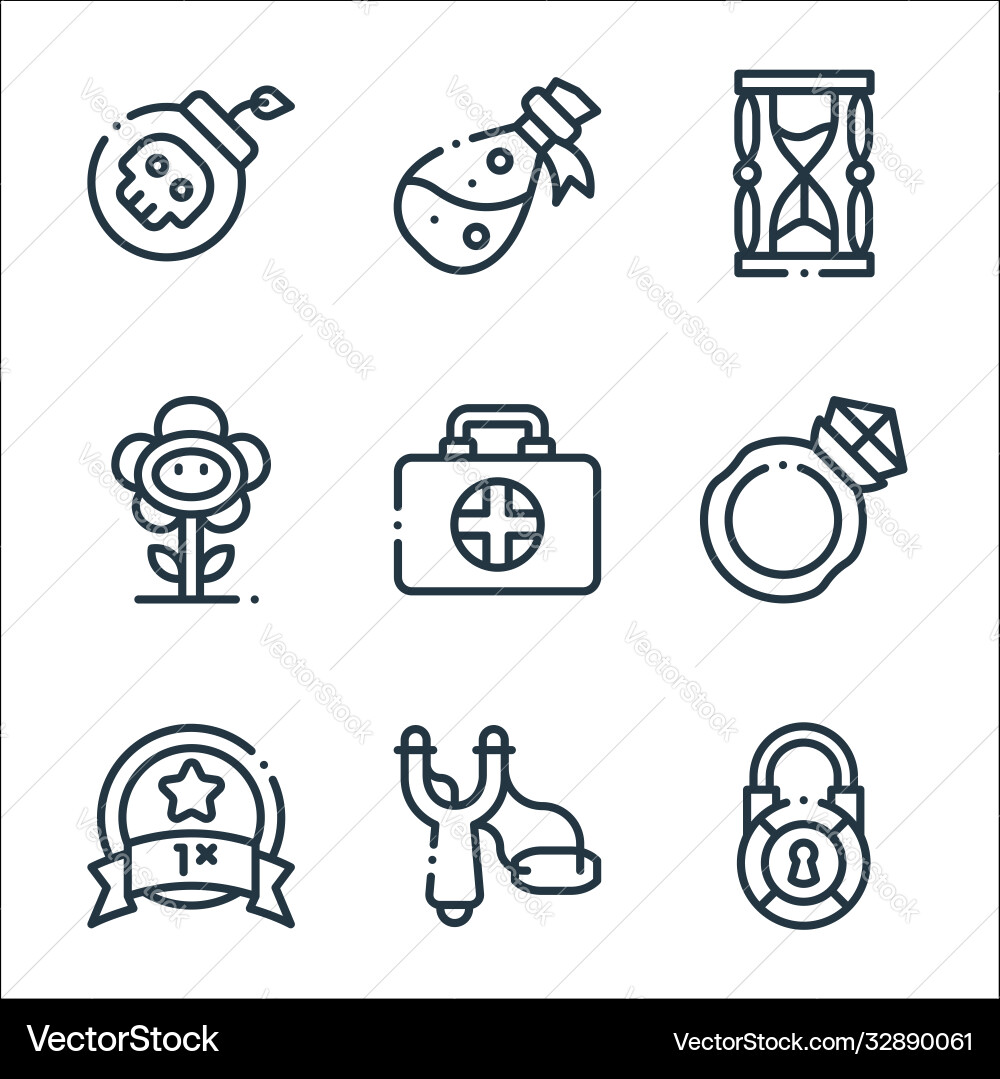 Videogame elements line icons linear set quality Videogame elements line icons linear set quality vector image