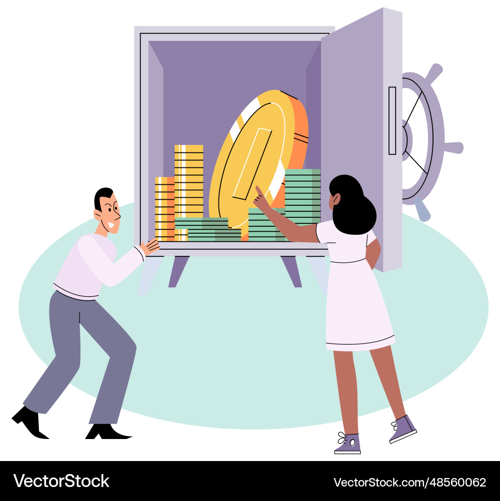 Saving money in metal safe people putting coin Saving money in metal safe people putting coin vector image