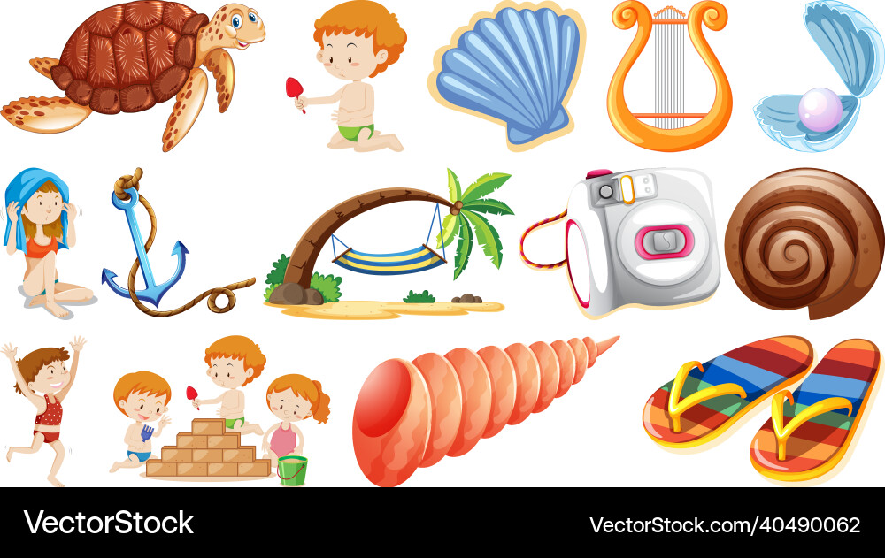 Set of summer beach objects and cartoon characters Set of summer beach objects and cartoon characters vector image