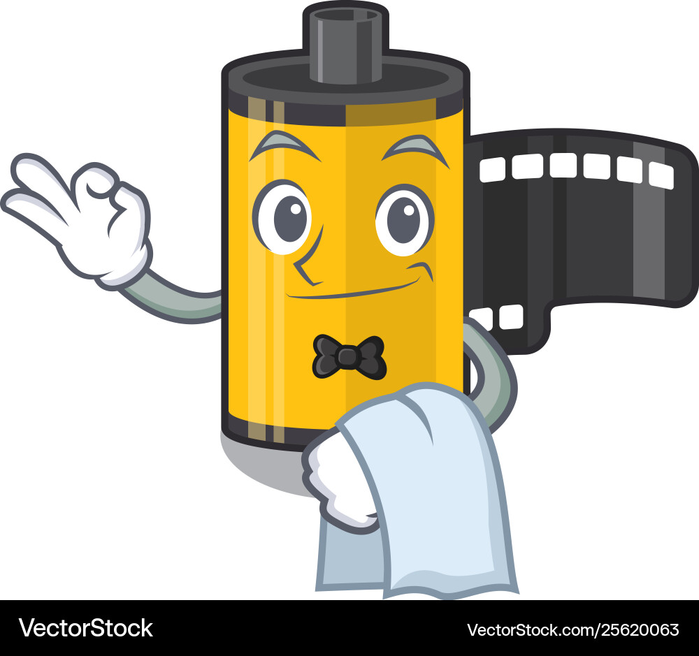 Waiter camera roll above wooden cartoon table Waiter camera roll above wooden cartoon table Vector Image