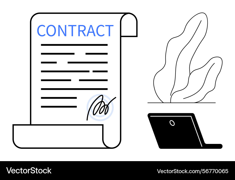 Contract with signature and laptop representing Vector Image